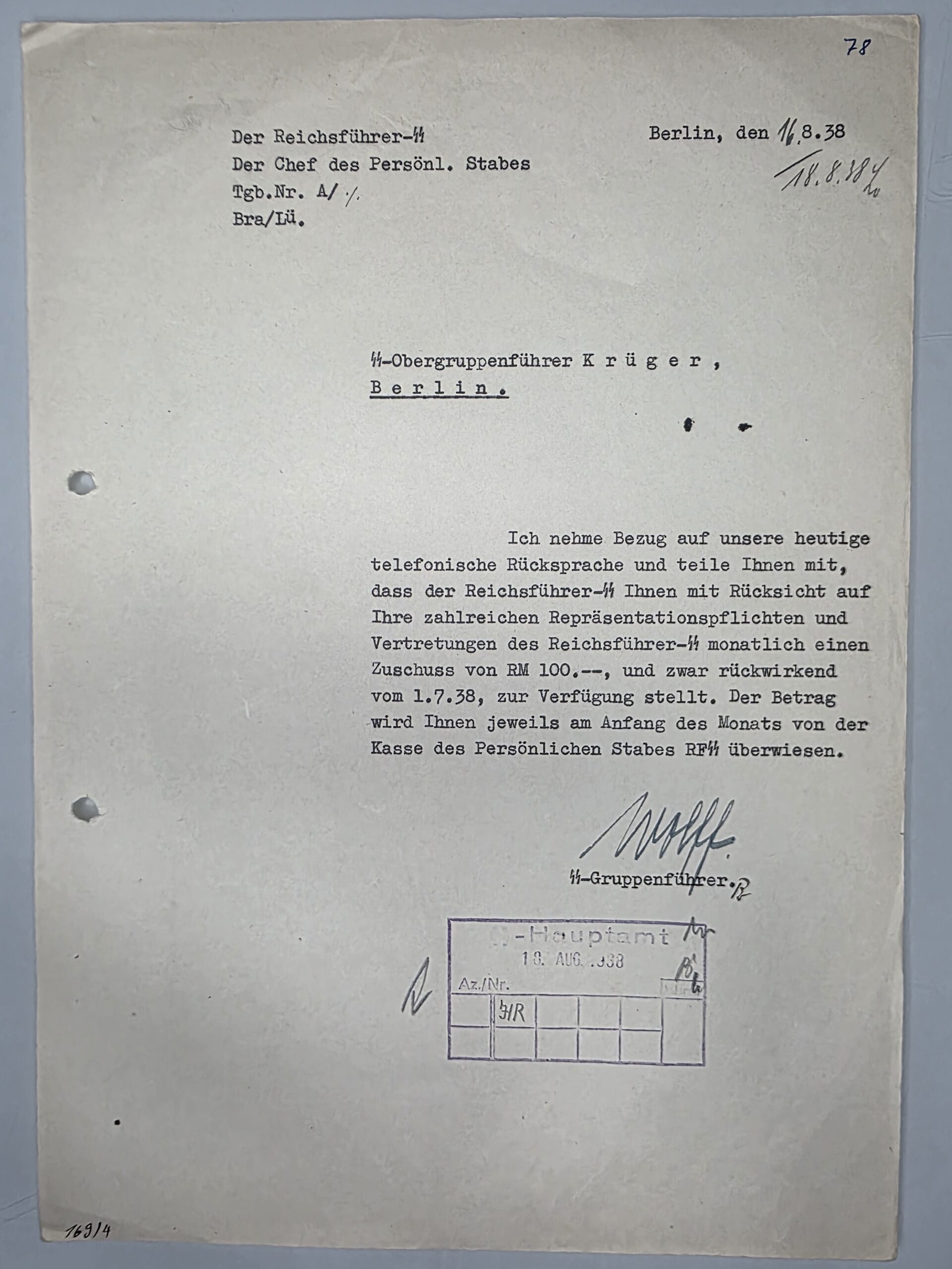 Karl Wolff signed letter to Friedrich-Wilhelm Krüger dated 1938