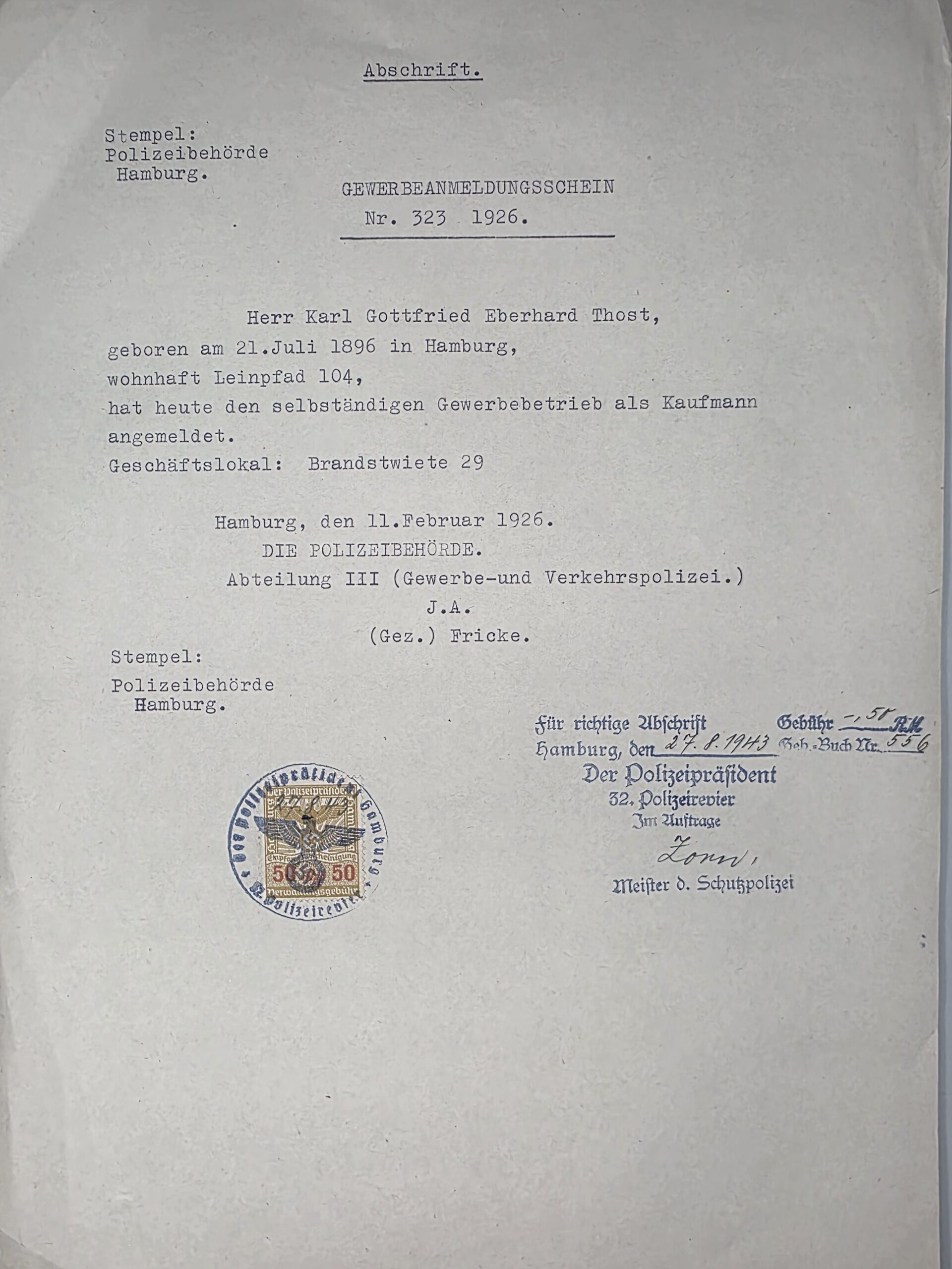1943 certified copy of Eberhard Thost 1926 Hamburg Gewerbeanmeldung with police fee stamp