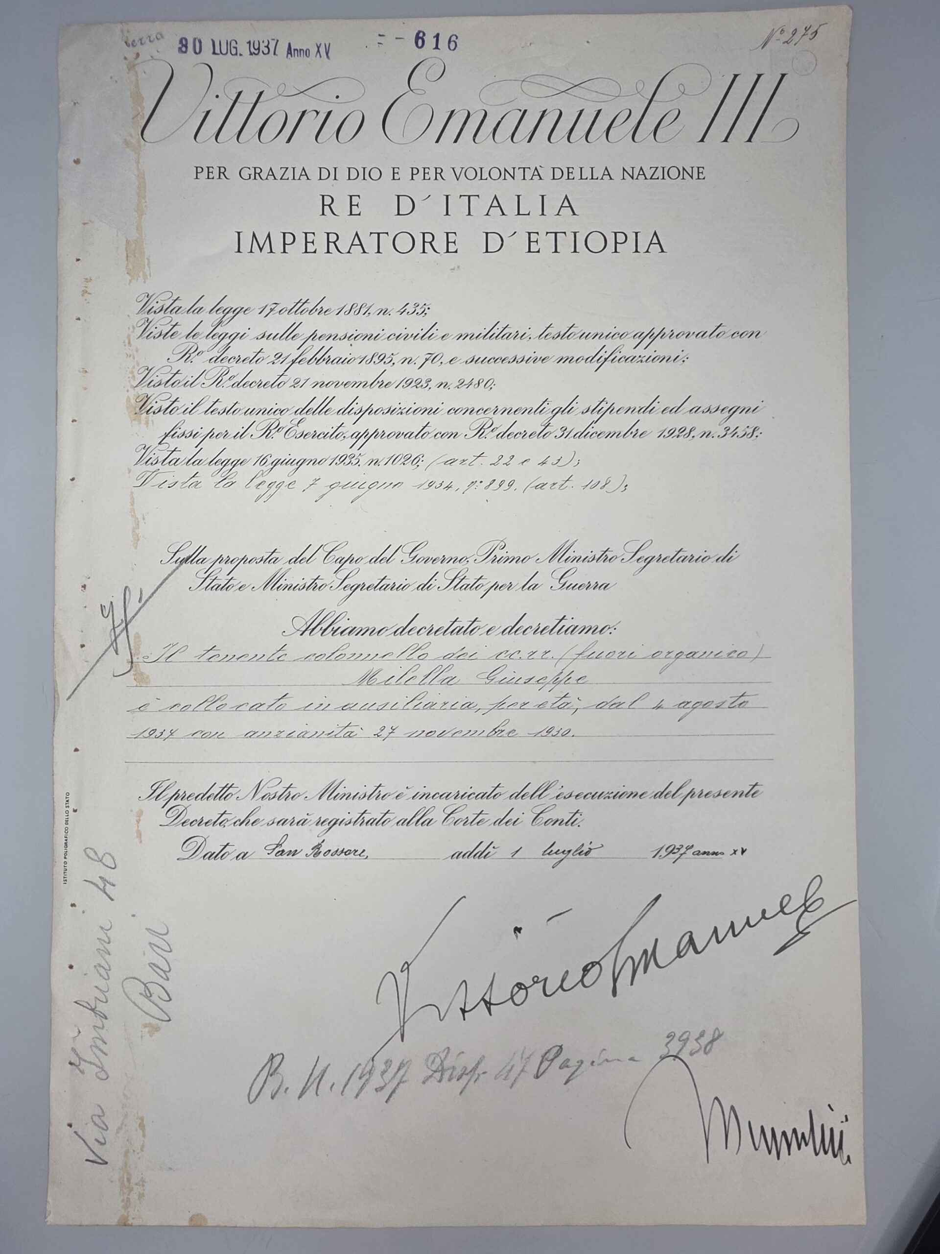 Original 1937 Royal Decree signed by Benito Mussolini and King Vittorio Emanuele III
