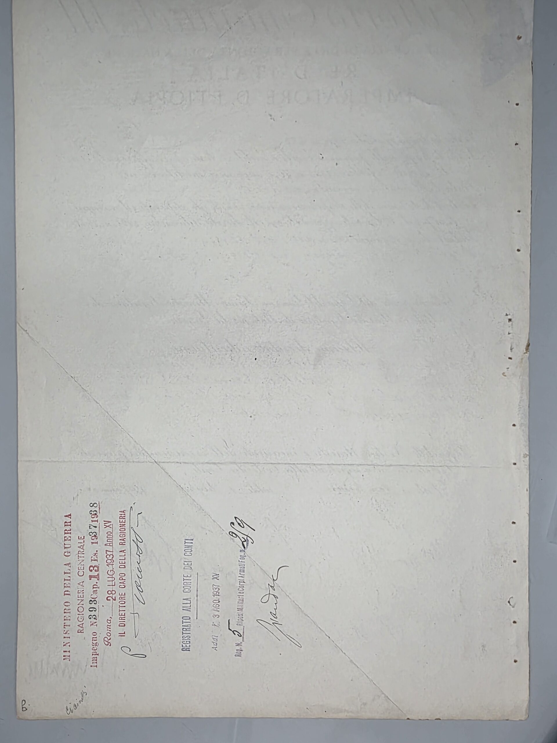 Reverse of 1937 decree with Ministry of War and Corte dei Conti registration