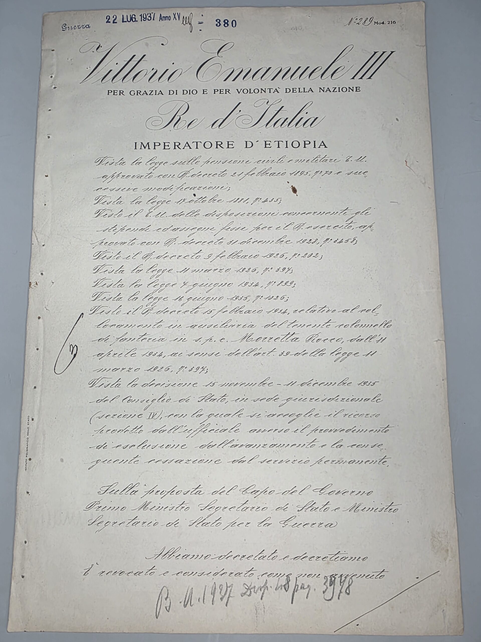 Original 1937 Italian Royal Decree heading Vittorio Emanuele III Re d’Italia Imperatore d’Etiopia