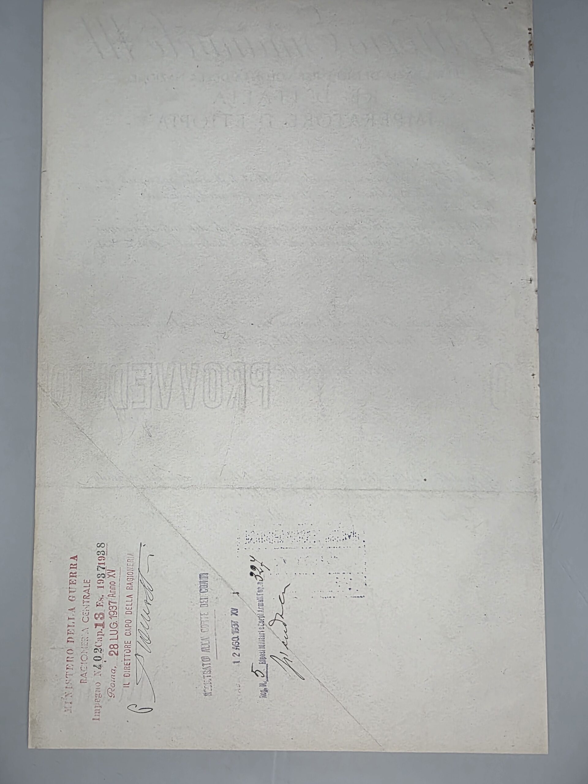 Italian Ministry of War and Corte dei Conti registration 1937