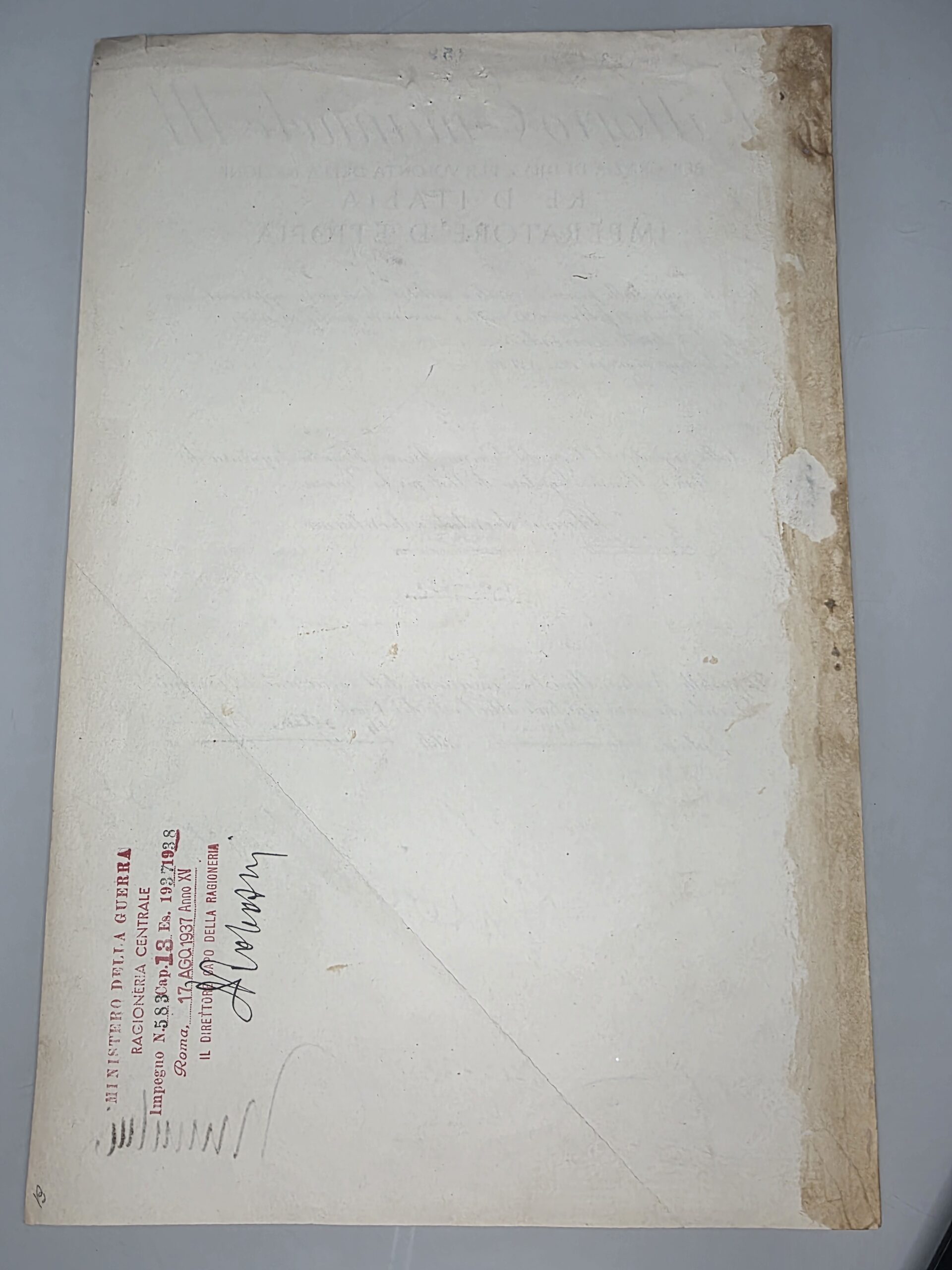 Italian Ministry of War Ragioneria Centrale stamp on 1937 royal decree