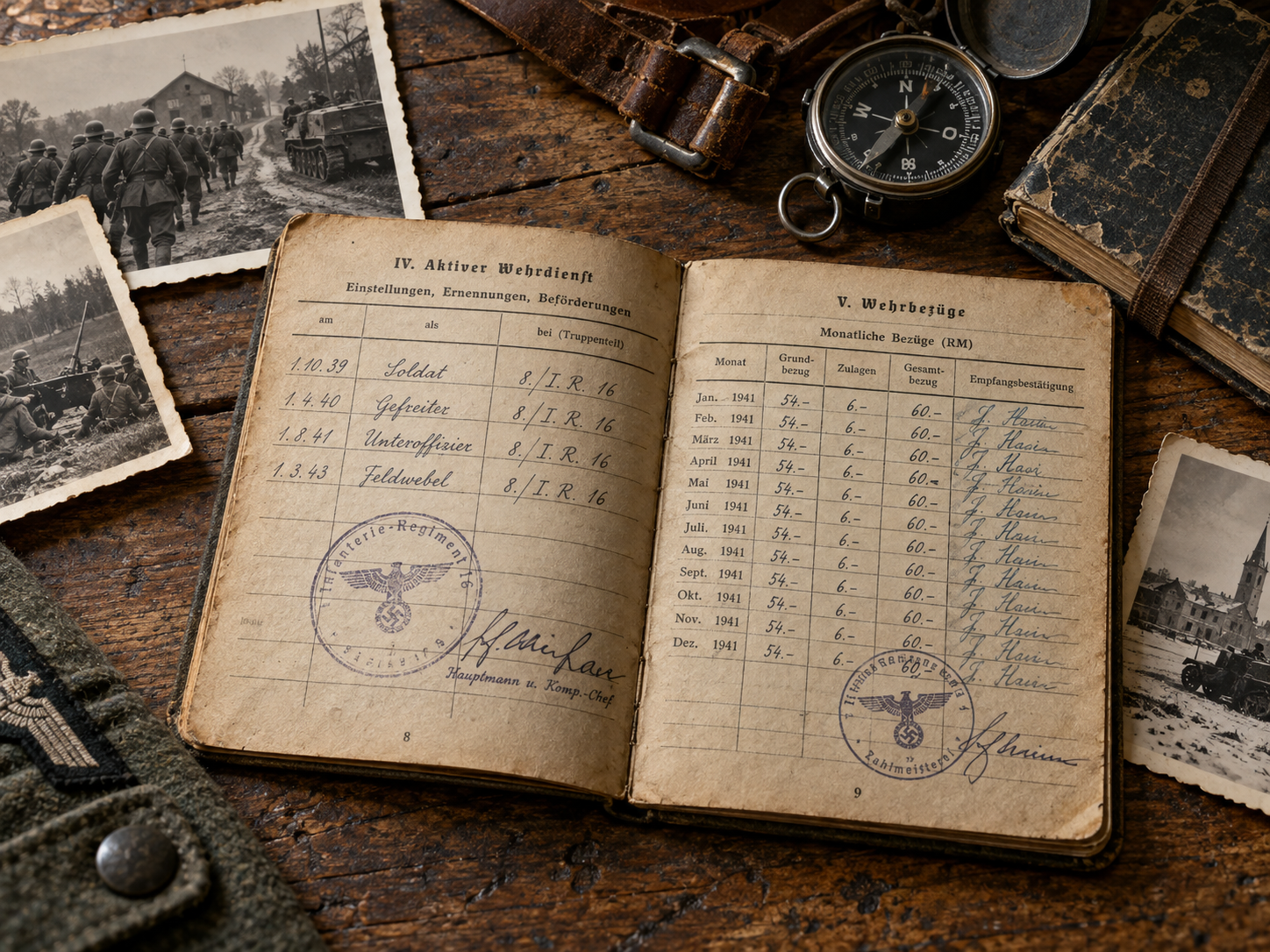 Imagen de ChatGPT 12 oct 2026, 17_01_36 Illustrative German Soldbuch showing military service, rank and pay entries