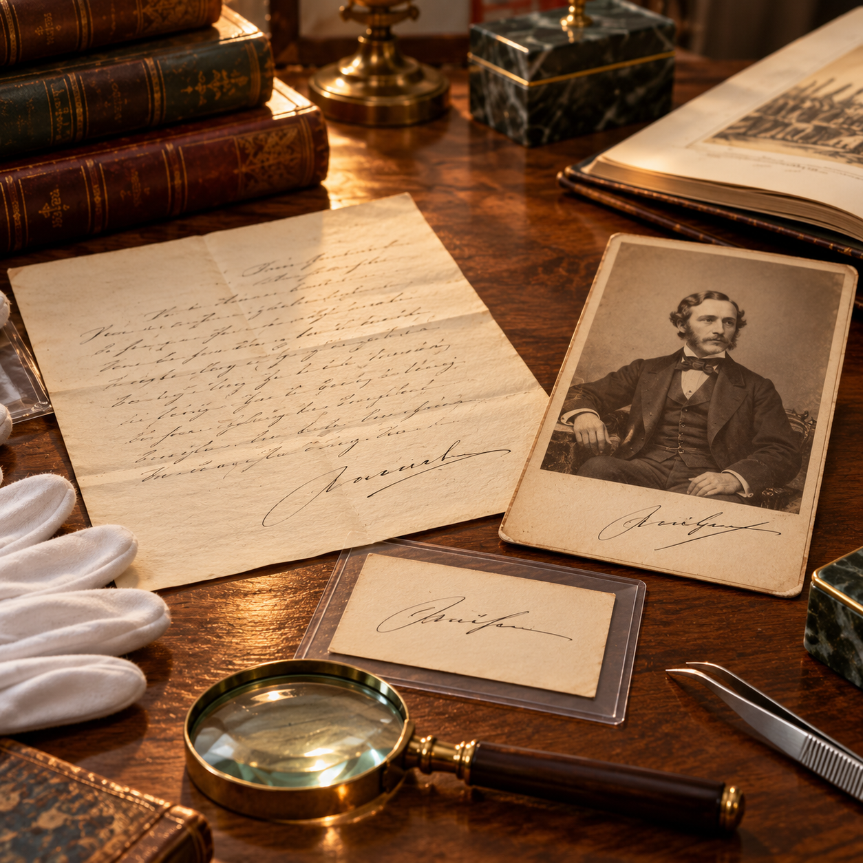 Historical Autograph Formats and Context Illustrative signed letter with archival photographs and collector research material