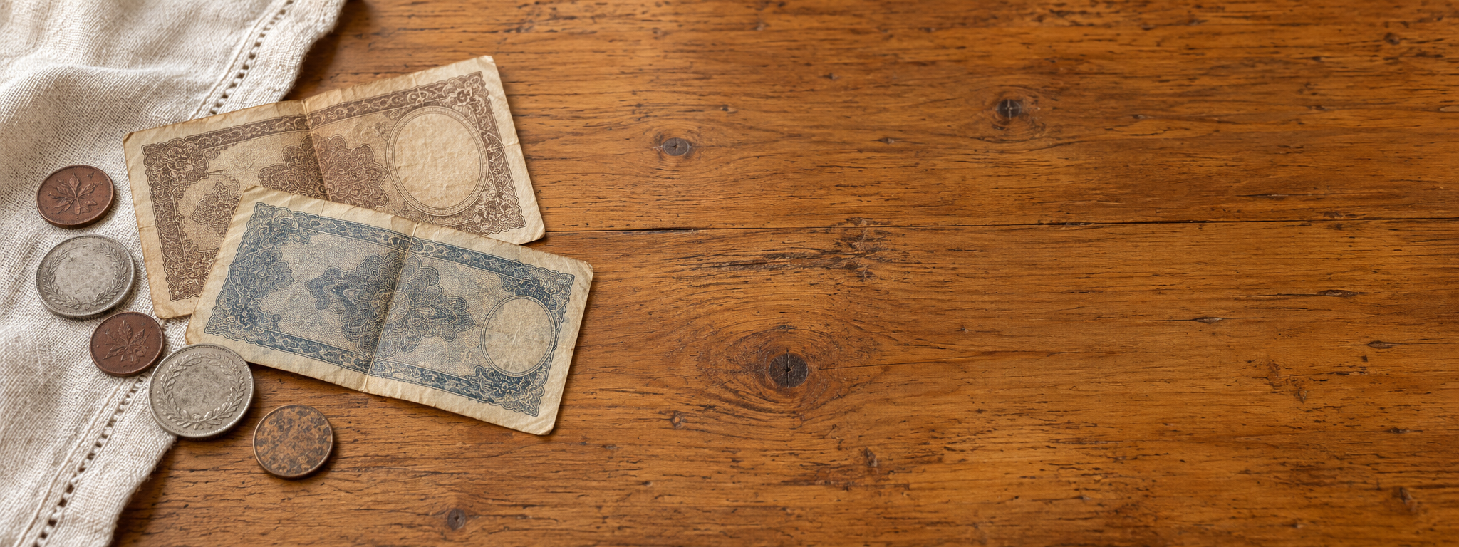Historical collectibles: coins and banknotes on a light walnut surface